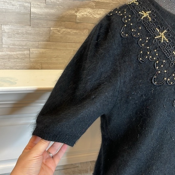 Vintage  Calavini 70s Black Angora Sweater Short Sleeve Beaded Venetian Lace M - Picture 5 of 9